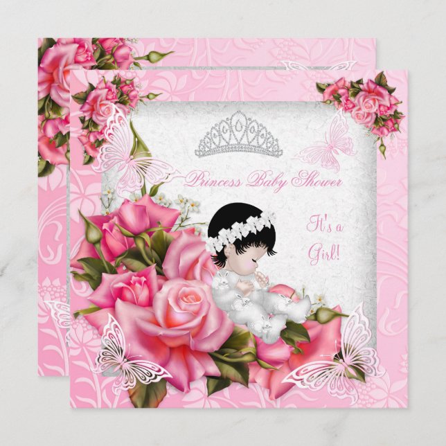 Invitation Princesse Baby shower Fille Papillon Rose rose (Devant / Derrière)