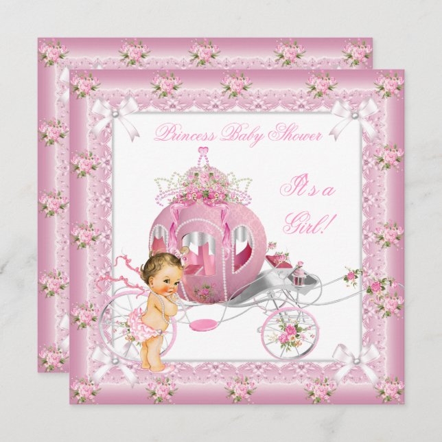 Invitation Princesse Baby shower fille perles roses Brunette (Devant / Derrière)