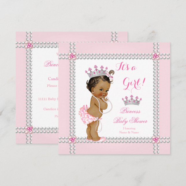 Invitation Princesse Baby Shower Fille Perles Roses Ethnique (Devant / Derrière)