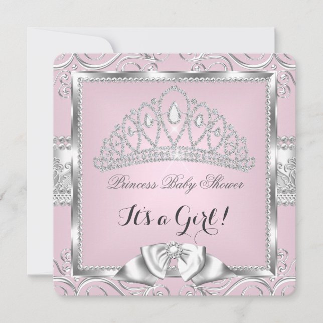 Invitation Princesse Baby shower fille rose argent damask (Devant)
