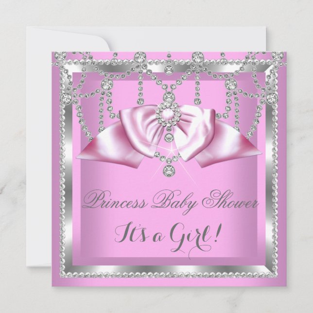 Invitation Princesse Baby Shower Fille Rose Argent Diamant (Devant)