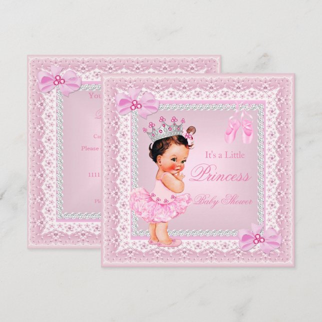 Invitation Princesse Baby shower fille rose Ballerina Brunett (Devant / Derrière)