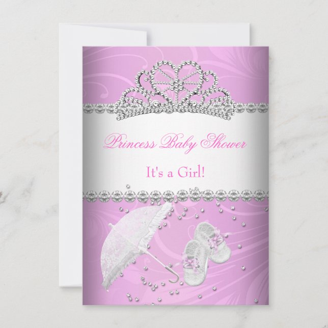 Invitation Princesse Baby shower fille rose blanche Tiara (Devant)