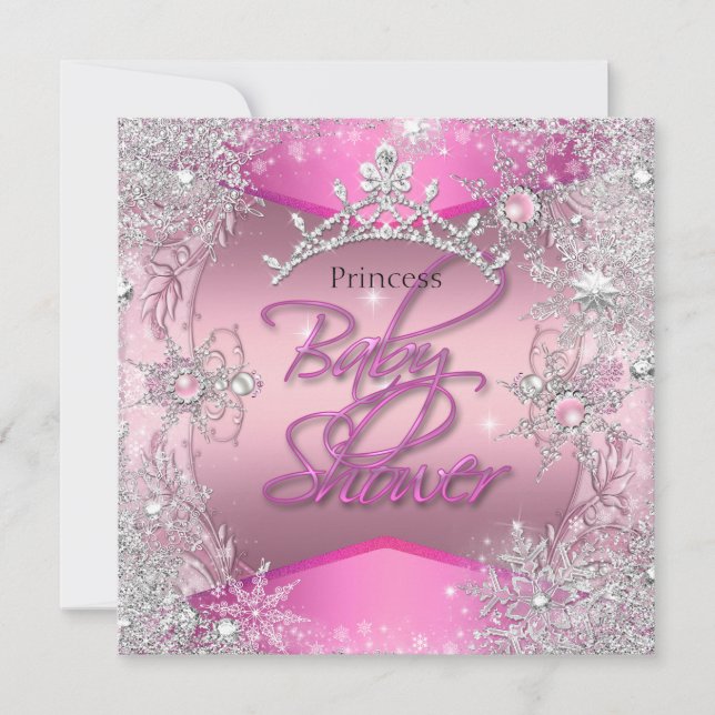 Invitation Princesse Baby Shower Fille Rose Flocons d'Argent  (Devant)