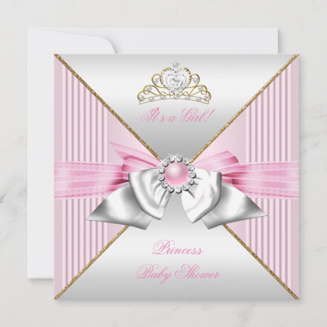 Invitation Princesse Baby shower fille rose perle or argent 2 (Devant)