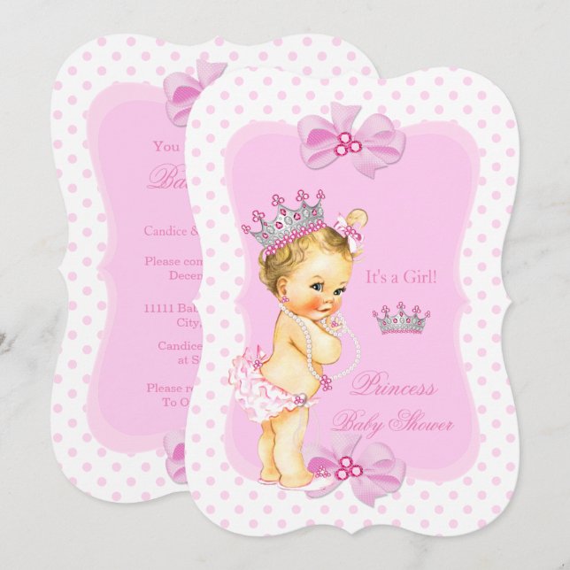 Invitation Princesse Baby Shower Fille Rose Points Blonde (Devant / Derrière)