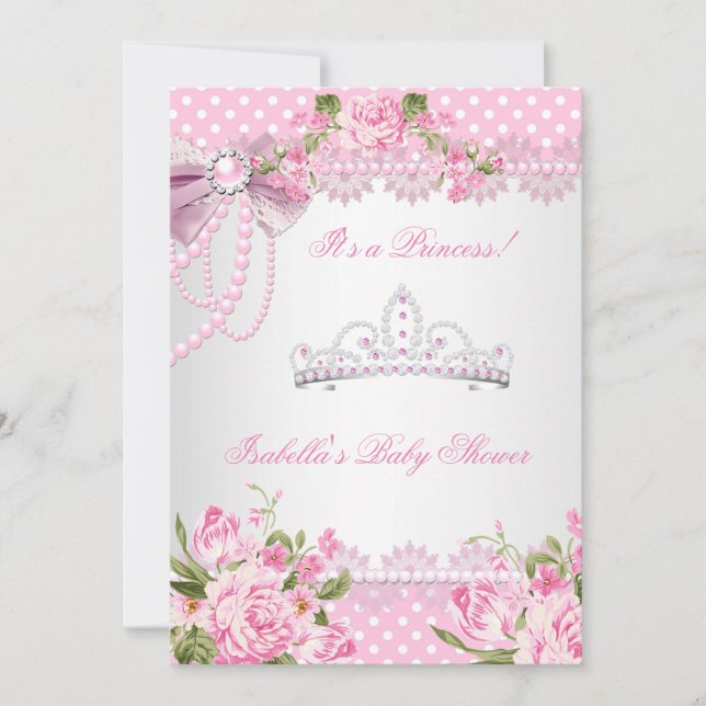 Invitation Princesse Baby shower Fille Rose Pois (Devant)