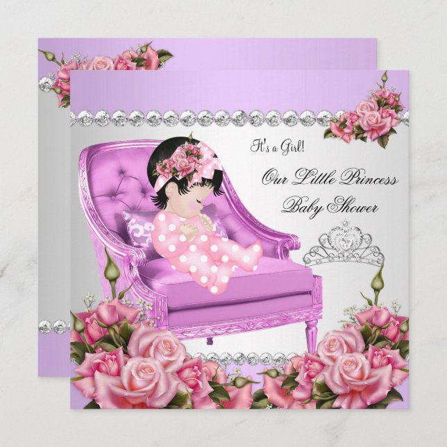 Invitation Princesse Baby shower fille rose Roses Lavande 2 (Devant / Derrière)