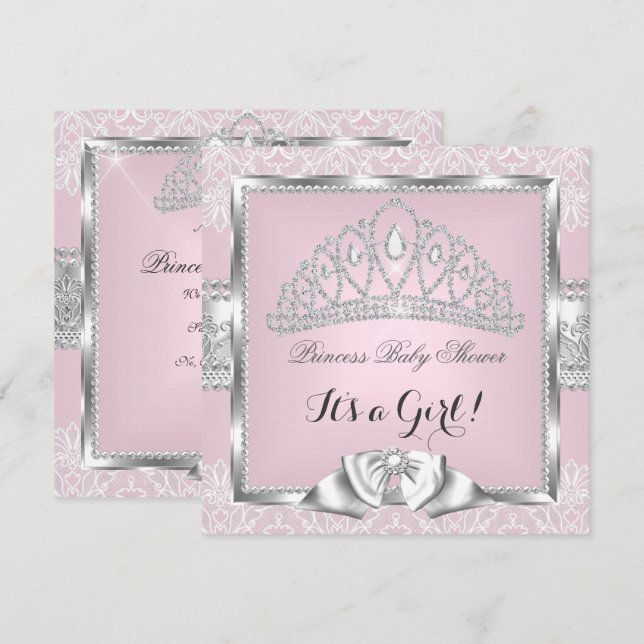 Invitation Princesse Baby shower Fille Rose Silver Lace 3 (Devant / Derrière)