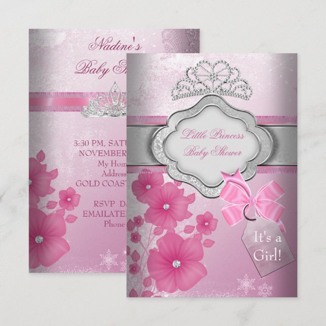 Invitation Princesse Baby shower fille rose Tiara Princesse (Devant / Derrière)