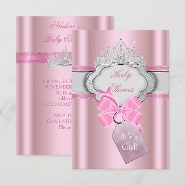 Invitation Princesse Baby shower fille rose Tiara Princesse (Devant / Derrière)