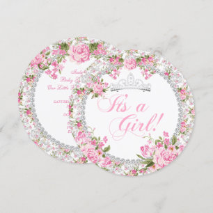 Invitation Princesse Baby shower fille Rose Vintage Floral