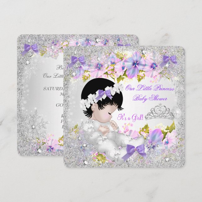 Invitation Princesse Baby shower Fille rose violet Flocon de  (Devant / Derrière)