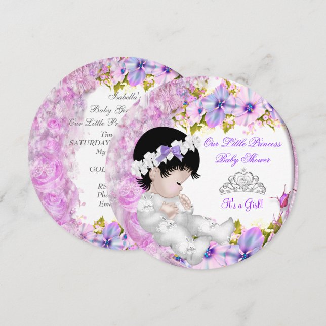 Invitation Princesse Baby shower fille rose violet Floral 3a (Devant / Derrière)