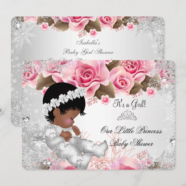Invitation Princesse Baby shower Fille Roses de Flamme de nei (Devant / Derrière)