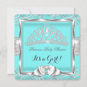 Invitation Princesse Baby Shower Fille sarcelle Argent damas