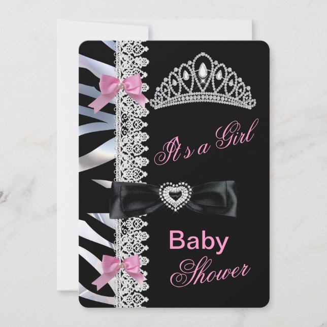 Invitation Princesse Baby shower fille Tiara Zebra rose noir (Devant)