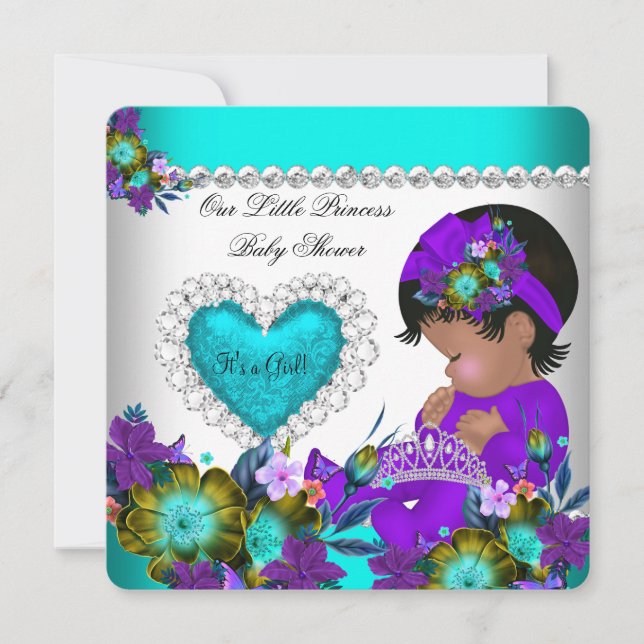 Invitation Princesse Baby shower Fille Turquoise Bleu Coeur p (Devant)