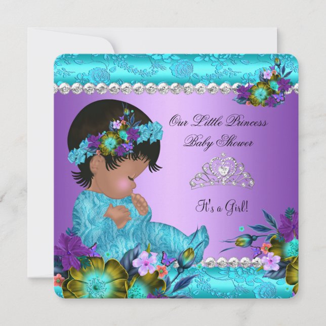 Invitation Princesse Baby shower Fille Turquoise Bleu pourpre (Devant)
