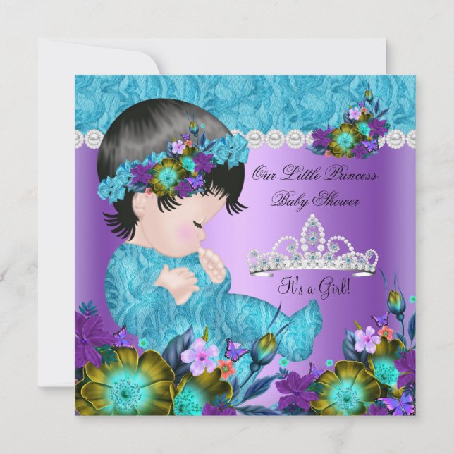 Invitation Princesse Baby shower Fille Turquoise Bleu pourpre (Devant)