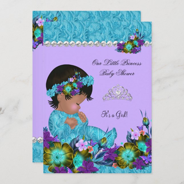 Invitation Princesse Baby shower fille Turquoise bleu pourpre (Devant / Derrière)
