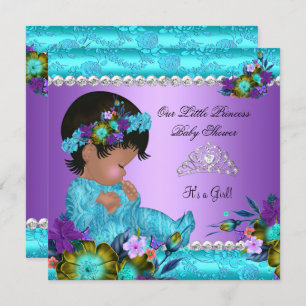 Invitation Princesse Baby shower Fille Turquoise Bleu pourpre