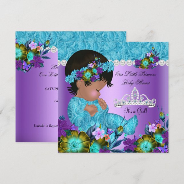 Invitation Princesse Baby shower Fille Turquoise Bleu pourpre (Devant / Derrière)