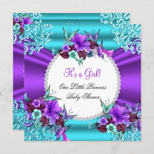 Invitation Princesse Baby shower Fille Turquoise violet Flora