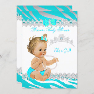 Invitation Princesse Baby shower fille Turquoise Zebra Blonde