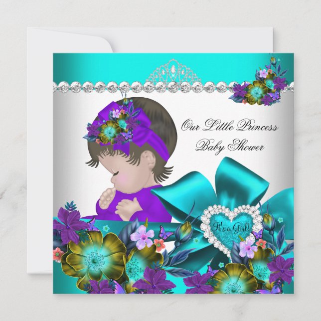 Invitation Princesse Baby shower fille violet Turquoise bleu  (Devant)