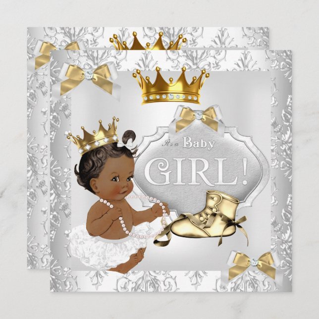 Invitation Princesse Baby shower Gold Argent Damask Ethnique (Devant / Derrière)