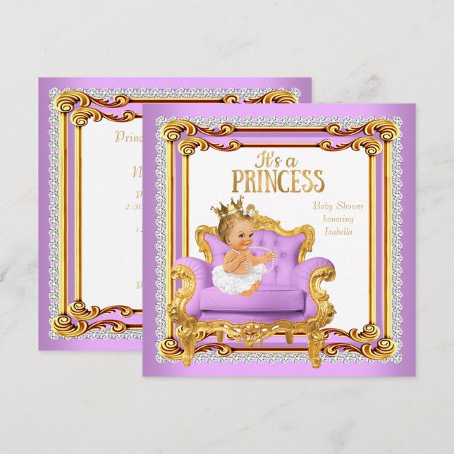 Invitation Princesse Baby shower Lilac Chaise en or rose Blon (Devant / Derrière)
