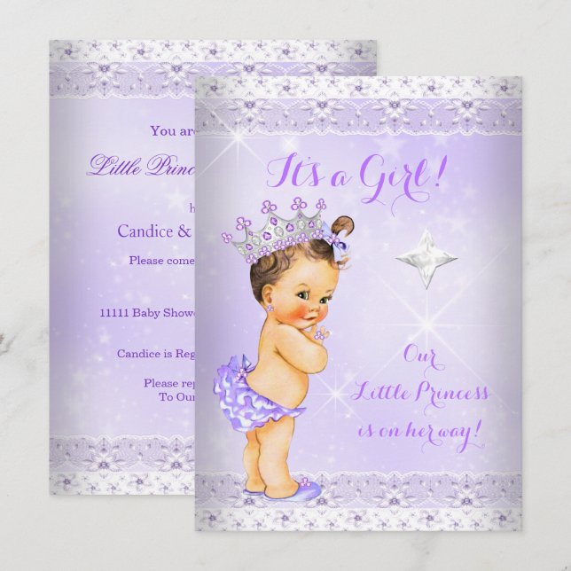 Invitation Princesse Baby shower Lilac Lace Tiara Brunette (Devant / Derrière)