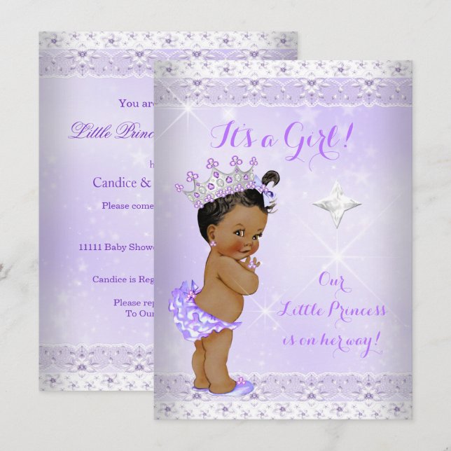 Invitation Princesse Baby shower Lilac Lace Tiara Ethnique (Devant / Derrière)