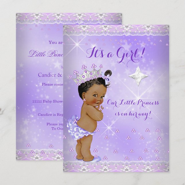 Invitation Princesse Baby shower Lilac Lavender Tiara Ethnic (Devant / Derrière)
