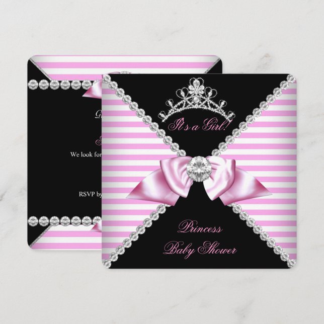 Invitation Princesse Baby shower noir rosé bracelet Bow Diamo (Devant / Derrière)