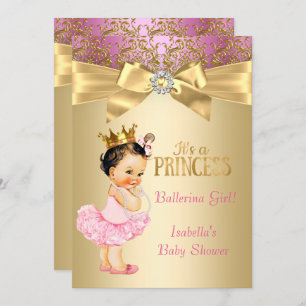 Invitation Princesse Baby shower Pink Gold Ballerina Brunette