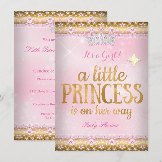 Invitation Princesse Baby shower Pink Gold Foil Lace Tiara (Devant / Derrière)