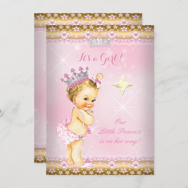 Invitation Princesse Baby shower Pink Gold Lace Tiara Blonde (Devant / Derrière)