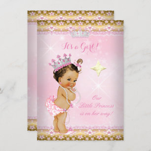 Invitation Princesse Baby shower Pink Gold Lace Tiara Brunett