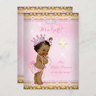 Invitation Princesse Baby shower Pink Gold Lace Tiara Ethnic