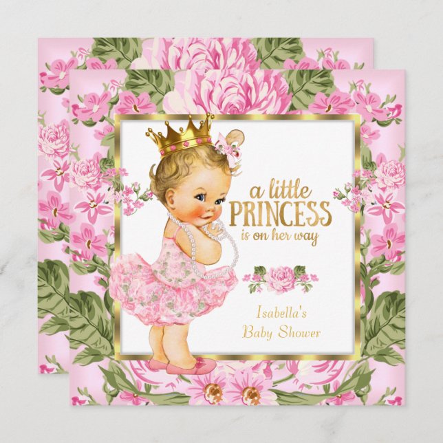 Invitation Princesse Baby shower Pink Gold Rose Floral Blonde (Devant / Derrière)