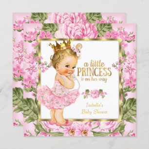 Invitation Princesse Baby shower Pink Gold Rose Floral Blonde
