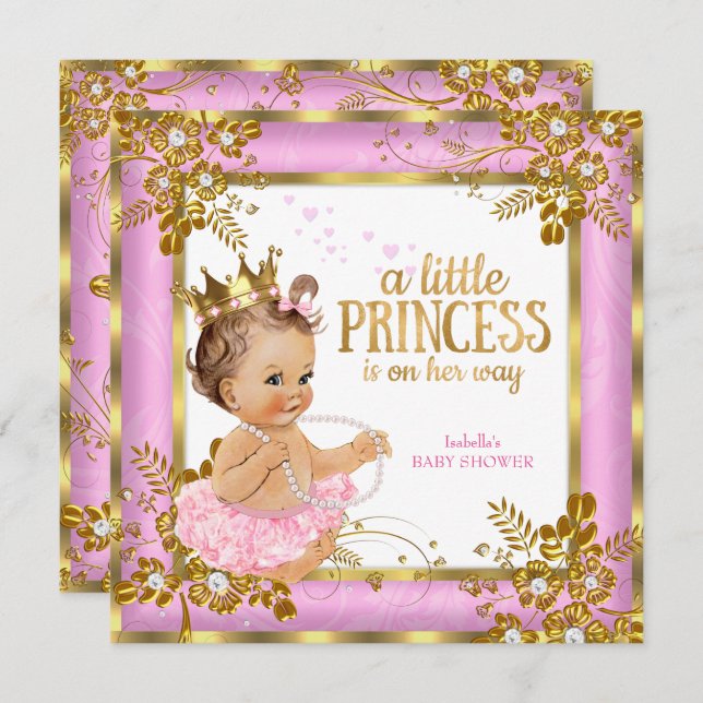 Invitation Princesse Baby shower Pink Tutu Floral Brunette (Devant / Derrière)