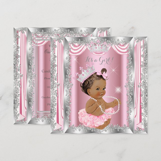 Invitation Princesse Baby shower rose argent Ballerina foncé (Devant / Derrière)