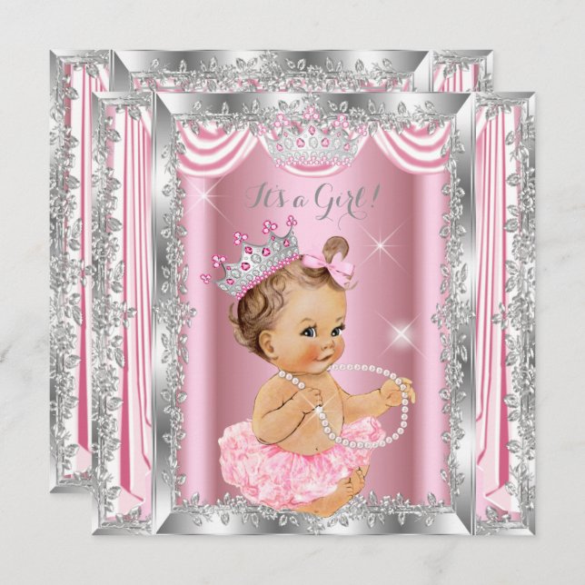 Invitation Princesse Baby shower rose argent Ballerina Lumièr (Devant / Derrière)