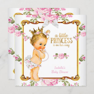 Invitation Princesse Baby shower Rose Blanc Floral Blonde Gir