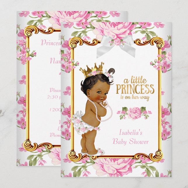 Invitation Princesse Baby shower Rose Blanc Floral Ethnic 2 (Devant / Derrière)
