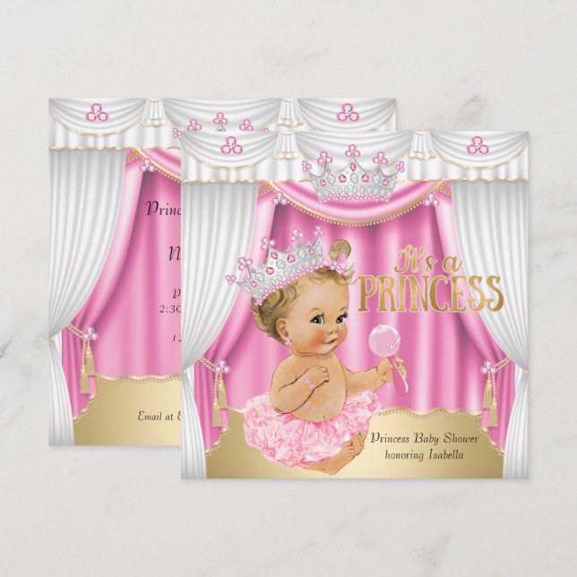 Invitation Princesse Baby shower Rose Blanc Gem Or Blonde (Devant / Derrière)