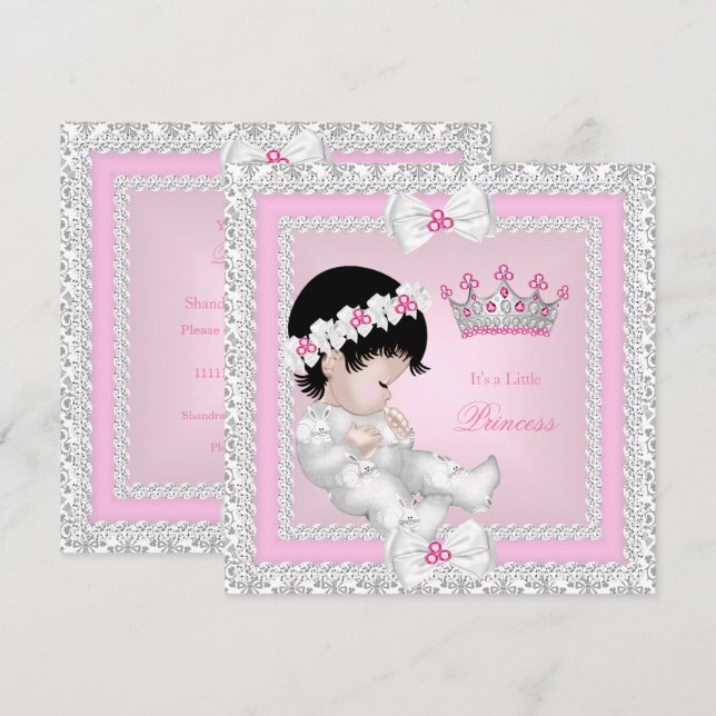 Invitation Princesse Baby shower Rose Blanc Gris Damas B (Devant / Derrière)